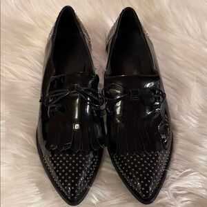 Glossy Black Loafers with Fringe and Studs